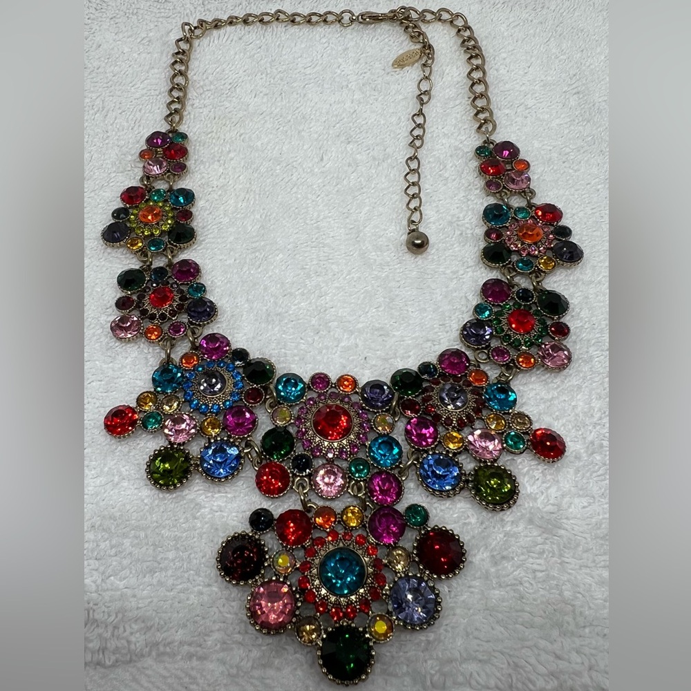 Natasha Signed Couture Colorful Gem Rhinestone Gold Tone Necklace